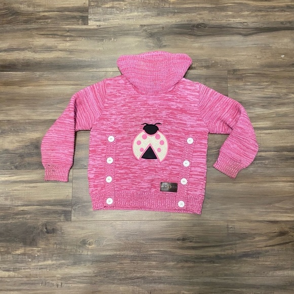 None Other - Cozy Pink Knit Kids Sweater with Ladybug Accent